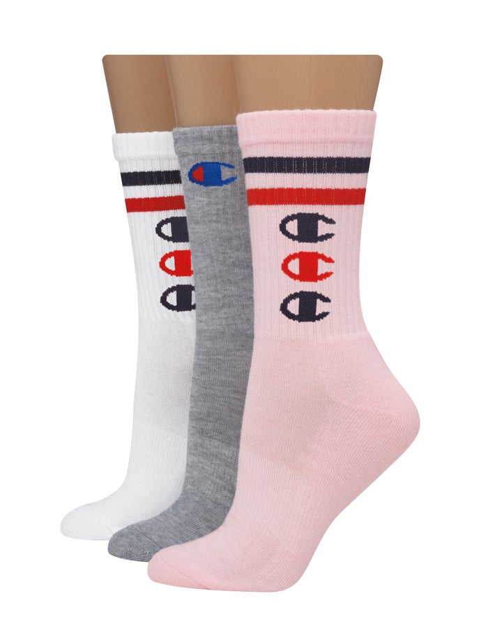 Calcetines Champion Mujer - Crew Stripes & C Logos 3-Pairs ( Gris/Rosas/Blancas ) 6479250-LV